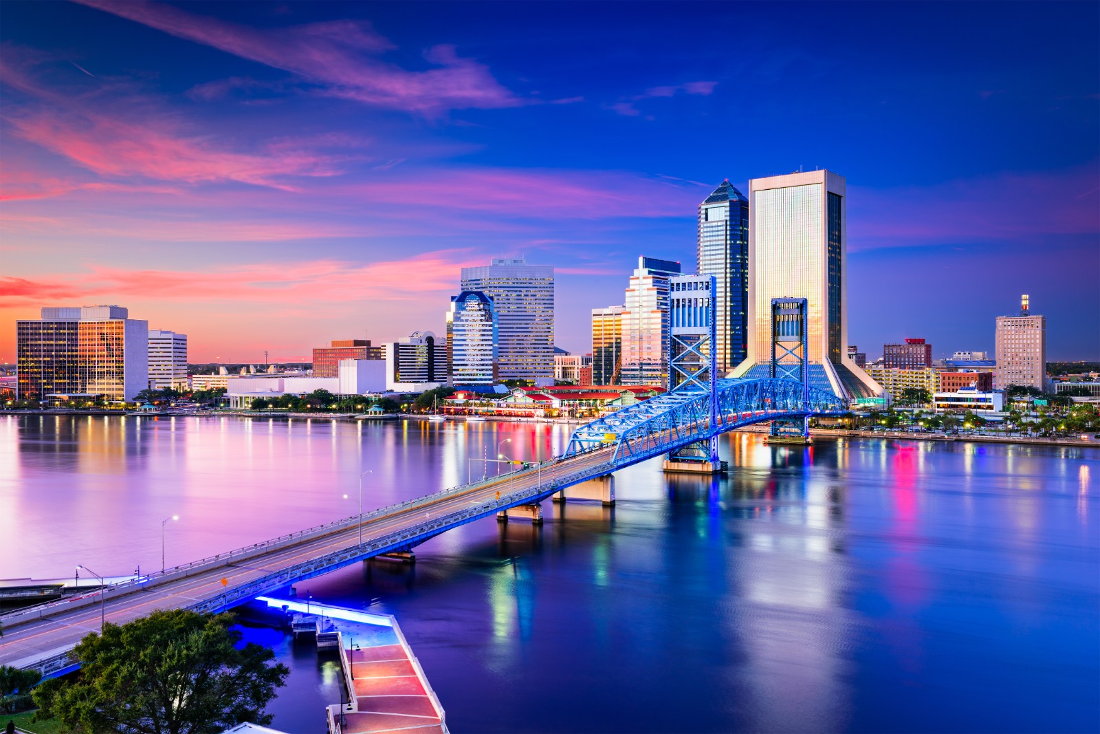 Downtown Jacksonville, Florida skyline at sunset with bridge over river in foreground.