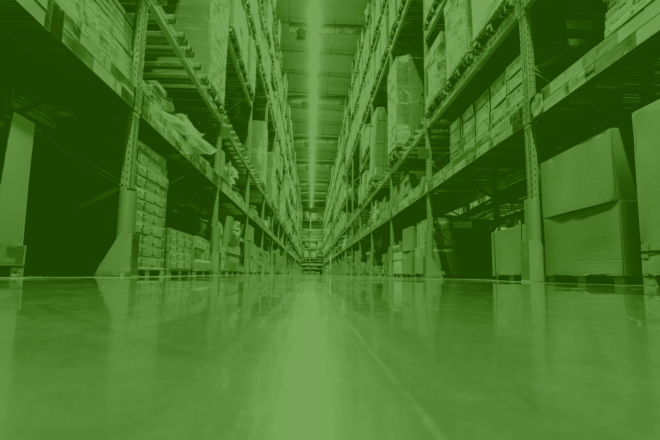 Rows of shelves with boxes in modern warehouse with green overlay to represent sustainability.