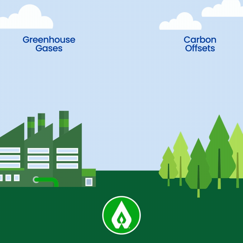 Green e-climate animation showing relationship between FNG's carbon offsets and greenhouse gasses.